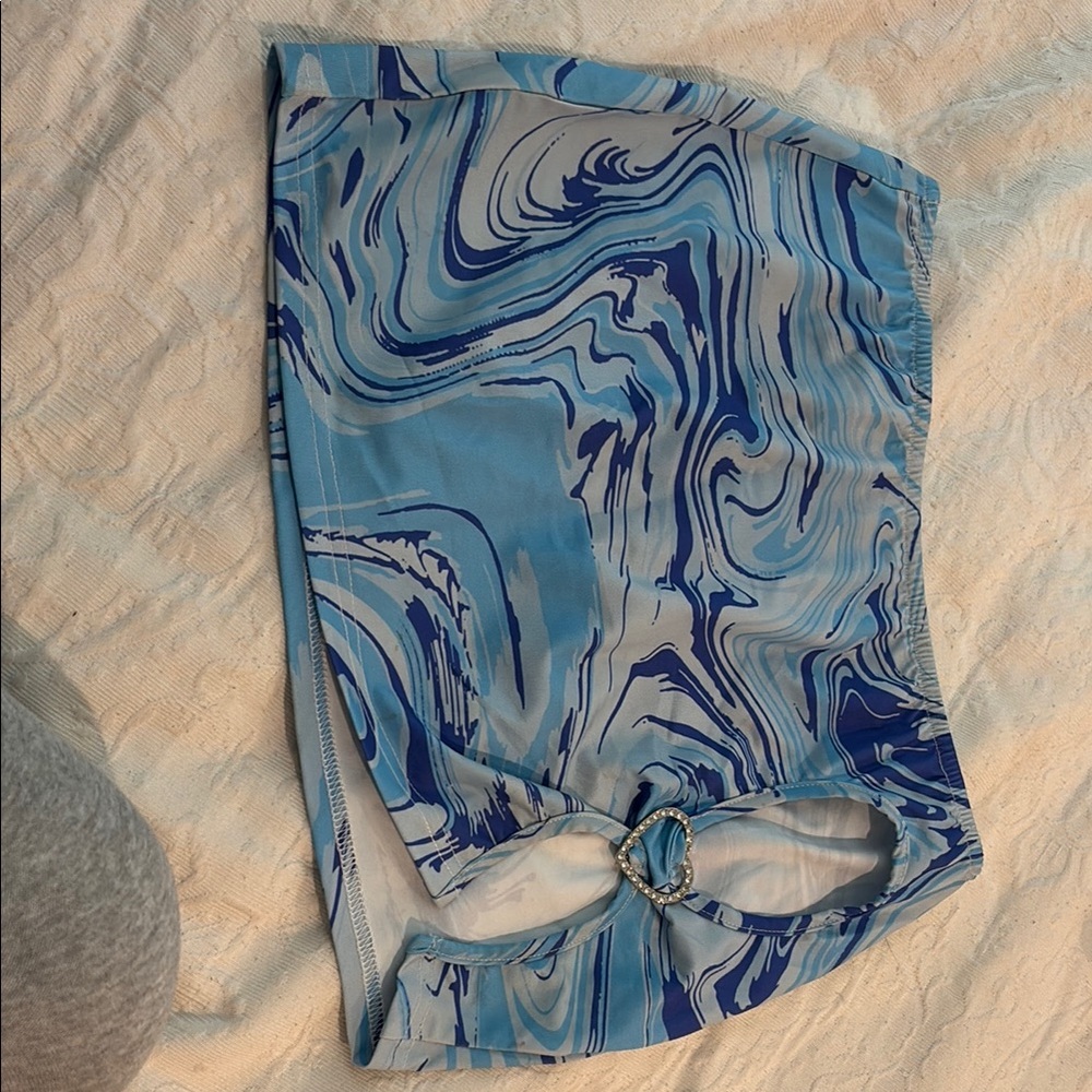 Blue Marble Print Skirt with Ring Detail